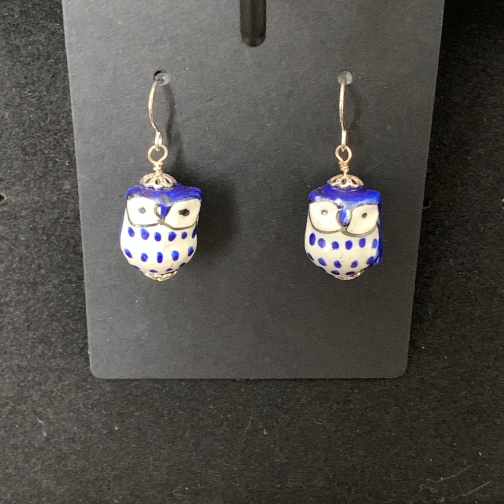 Blue Ceramic Owl Drop Earrings 925 Sterling Silver Whimsy Boho Nature